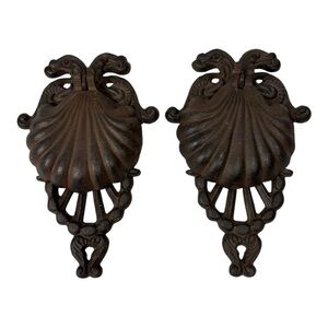 Vintage Set Of 2 Heavy Large Cast Iron Door Knocker Wall Mount Scallop Shell